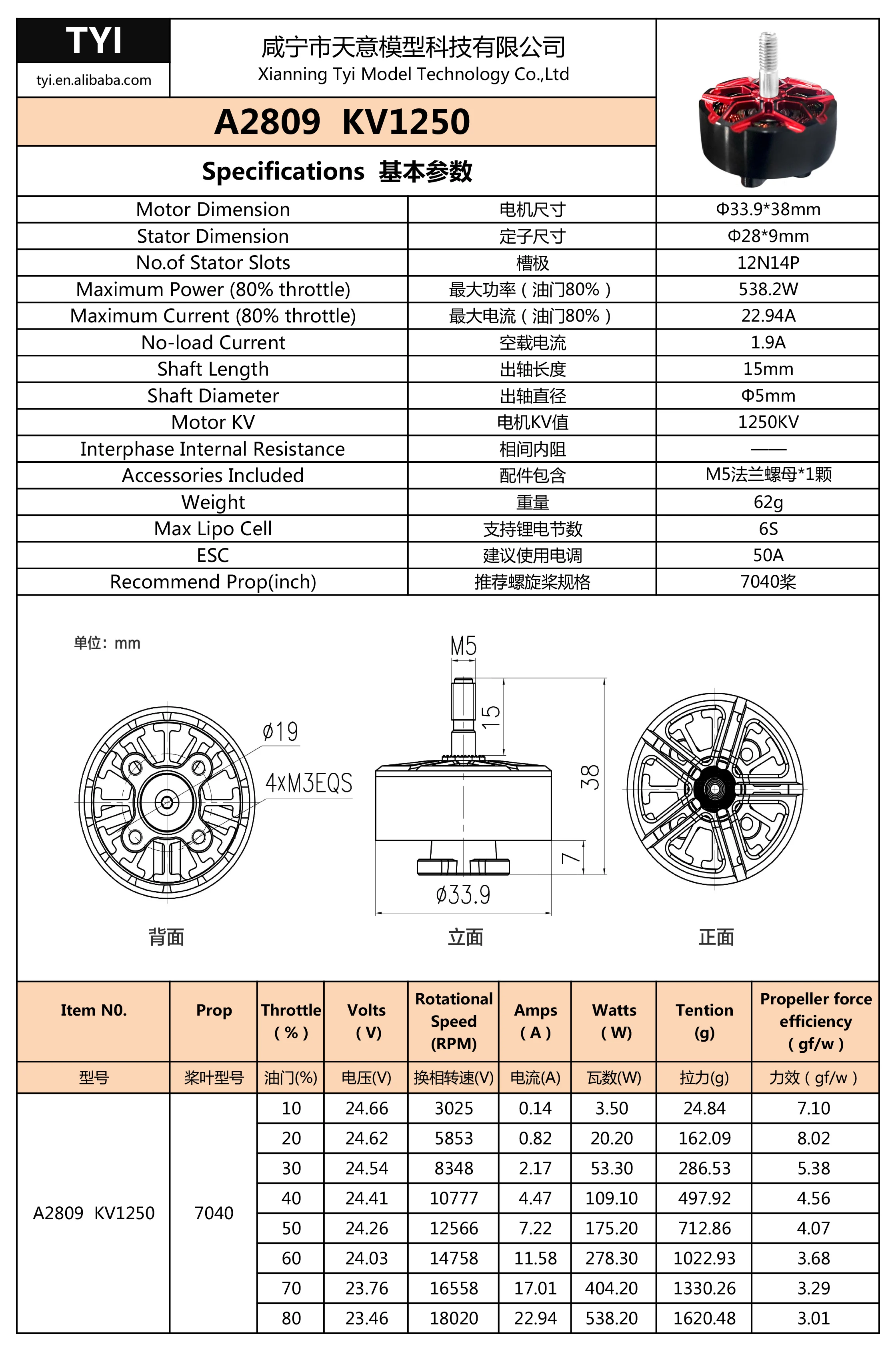 TYI 2809 1250KV 4-6S FPV long range professional Racing Drone motor brushless motor for RC FPV drone supplier