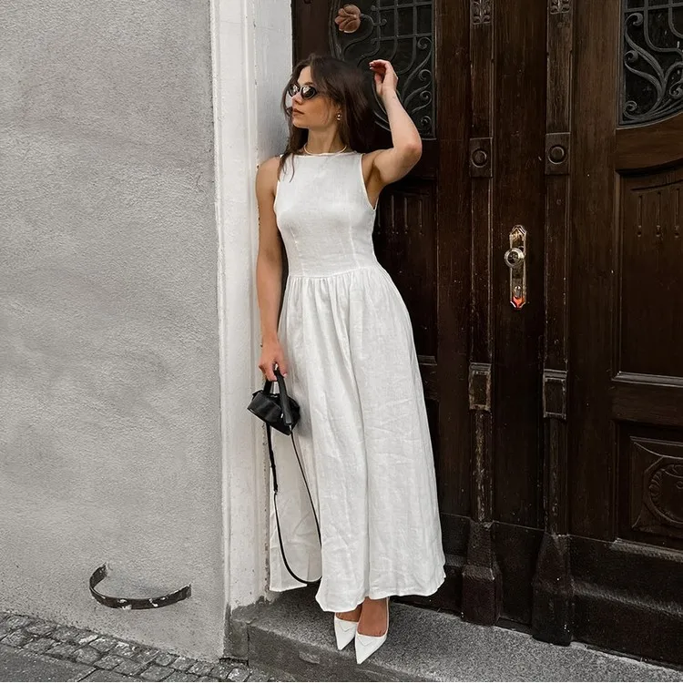 Women's 2026 Summer New French Elegant White Linen Cotton Sleeveless Tank Dress Crew Neck High Waist A-Line Maxi Dress for Women| Alibaba.com Women's 2026 Summer New French Elegant White Linen Cotton Sleeveless Tank Dress Crew Neck High Waist A-Line Maxi Dress for Women| Alibaba.com