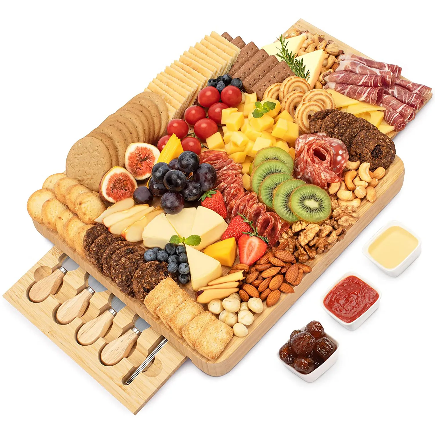 Large Bamboo Charcuterie Board and Knife Set Extra Meat Charcuterie Platter Serving Tray for Gift Chopping Blocks