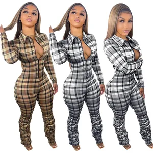 New Autumn and Winter Plaid Printed Lapel Slim Pleated Zipper Jumpsuit