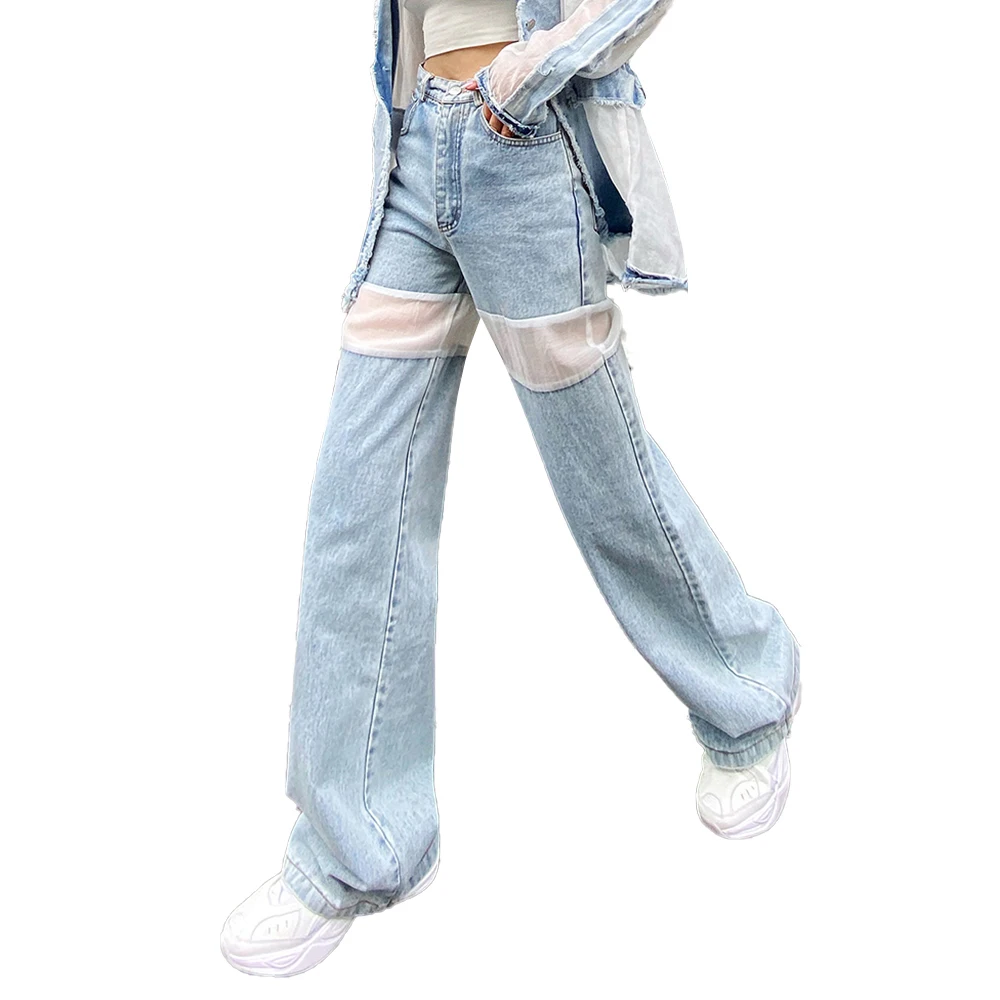 TWOTWINSTYLE Sheer Jeans - High Waist Wide Leg Pants