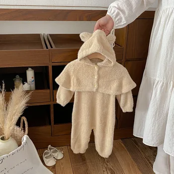 2025 Autumn New Infant Clothes Knitted Cape Jumpsuit Two-Piece Set for Baby Girls Pure Cotton Button Closure Hooded Cardigan Set