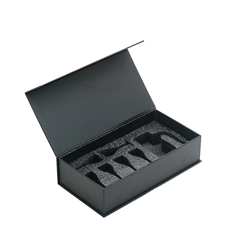 กล่องบรรจุภัณฑ์กระดาษแบบพิมพ์เฉพาะสำหรับน้ำมันหอมระเหย สำหรับขวดขนาด 10 มล. และ 30 มล. กล่องแข็งสีดำแบบฝาพับพร้อมบุโฟมด้านใน