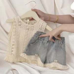 Girls Summer Suit New Korean Casual Style Women's Treasure Summer Hollow Vest Sling Top Jeans Two-Piece Set Clothes for Kids