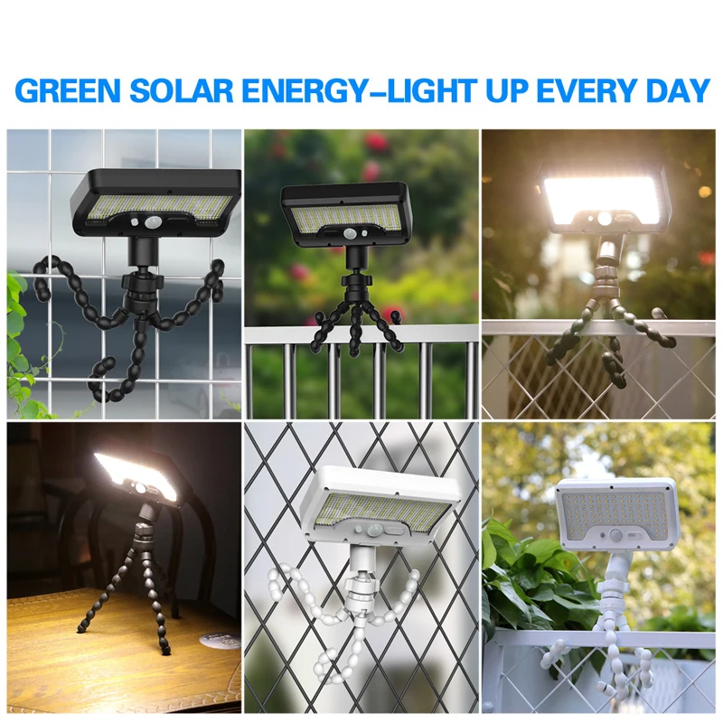 Novo design à prova d'água com suporte de polvo, 92 luzes de jardim solares LED tipo C, sensor de movimento recarregável, luzes de cerca solares LED