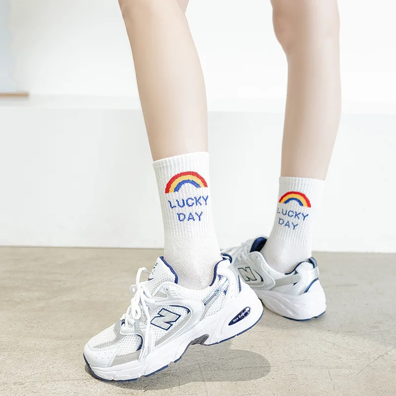 Spring Happy Face Socks Medias Cotton Basketball Smile Rainbow Sport Socks White School Girl Crew Socks Women
