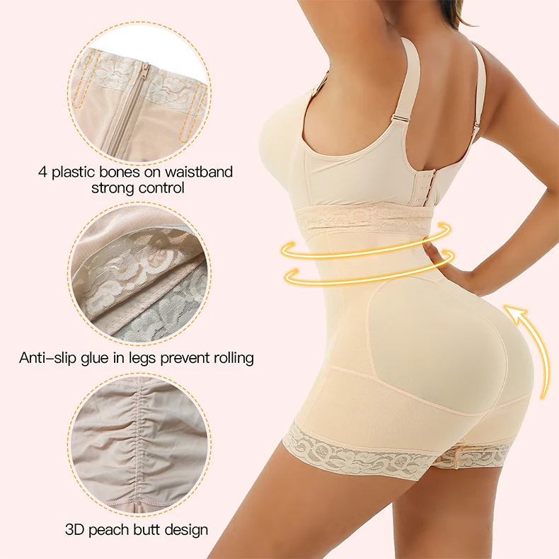 SHAPERX Shapewear voor dames, buikcontrole, bodysuit met verwijderbare pads, billenlifter, bodyshaper shorts, Sienna, L-XL