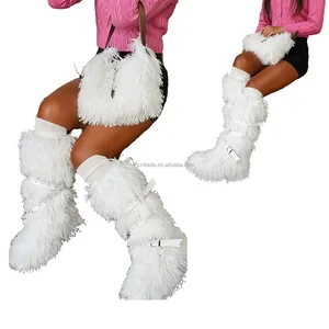 BUSY GIRL RS9252 Faux Fur Boots for Women White Custom Winter Boots Fur Boots and Bag Warm High-top Cross-strap Rivet Boots Set