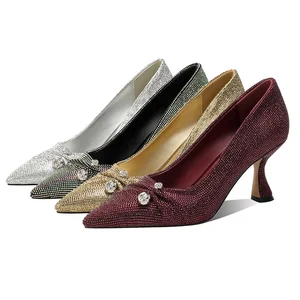 Custom Glitter Rhinestone Rose Embellished Slip-On Pointed Toe Pumps with Curved Heel Fashion Trend Comfort Flexible for Women