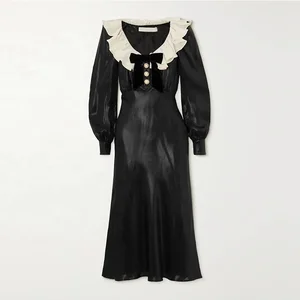 Clothing Manufacturer Custom Spring Autumn Black V Neck Long Sleeve Bow Elegant Casual Women Midi Fashion Dress