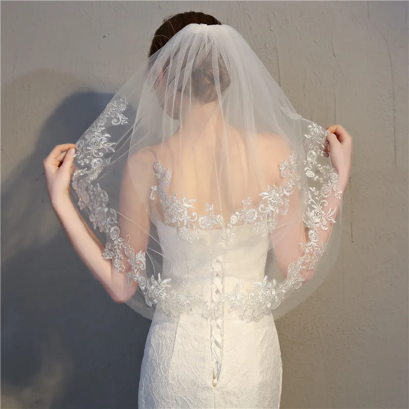 Hot European Double Layers Short Bridal Veils With Comb White