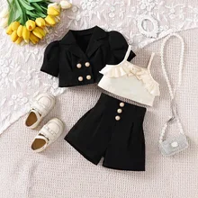 Summer New Fashion Girls' Suit for Children Solid Pattern Short Lace Inner Shorts with Puff Sleeves