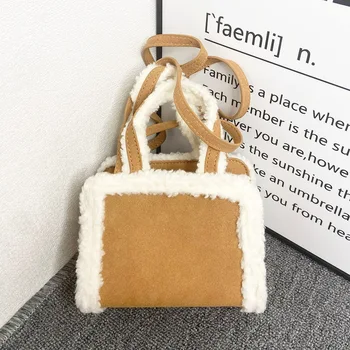 Famous Brand Winter Soft Suede Fabric Mini Tote Bag Custom Logo Designer Faux Fur Two Handles Letter Small Shoulder Handbags