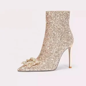 Wholesale Sequined Bling Bling Pointy Zipper Stiletto Heel Women Dinner Party Shoes High Heel Women Boots