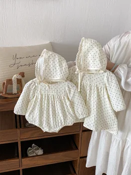 2025 Spring and Autumn Princess Dresses for Baby Girls Rompers Long Sleeve Dot Floral Doll Collar Cute Sweet Sister Outfit