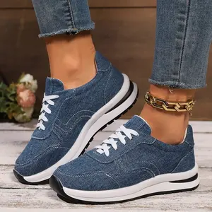 Blue Denim Platform Sneakers Women Fashion Thick Sole Lace up Sports Shoes Woman Plus Size 43 Comfortable Casual Female Sneakers