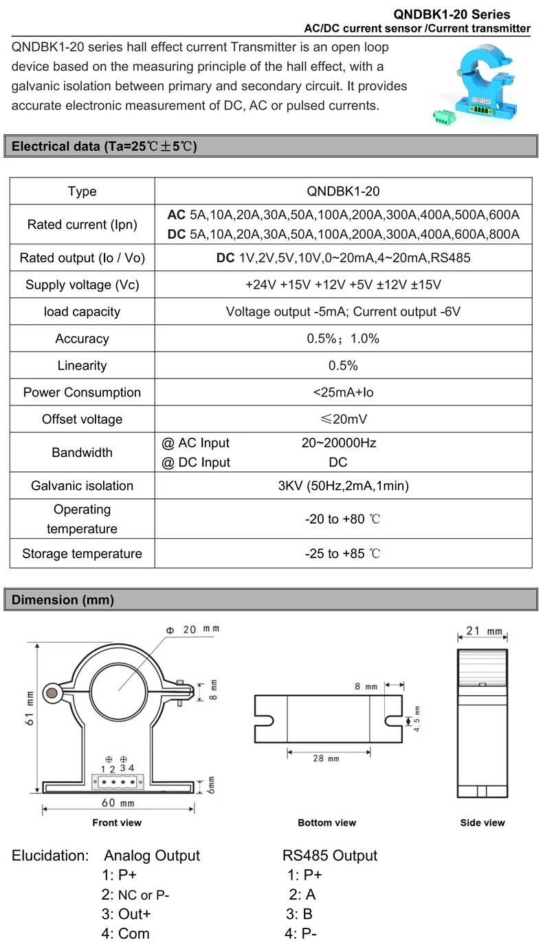 Split Core Current Sensor RS485 Current Transformer Ct Clamp AC DC 20A 30A 50A 100A 200A 300A Hall Effect Current Transducer