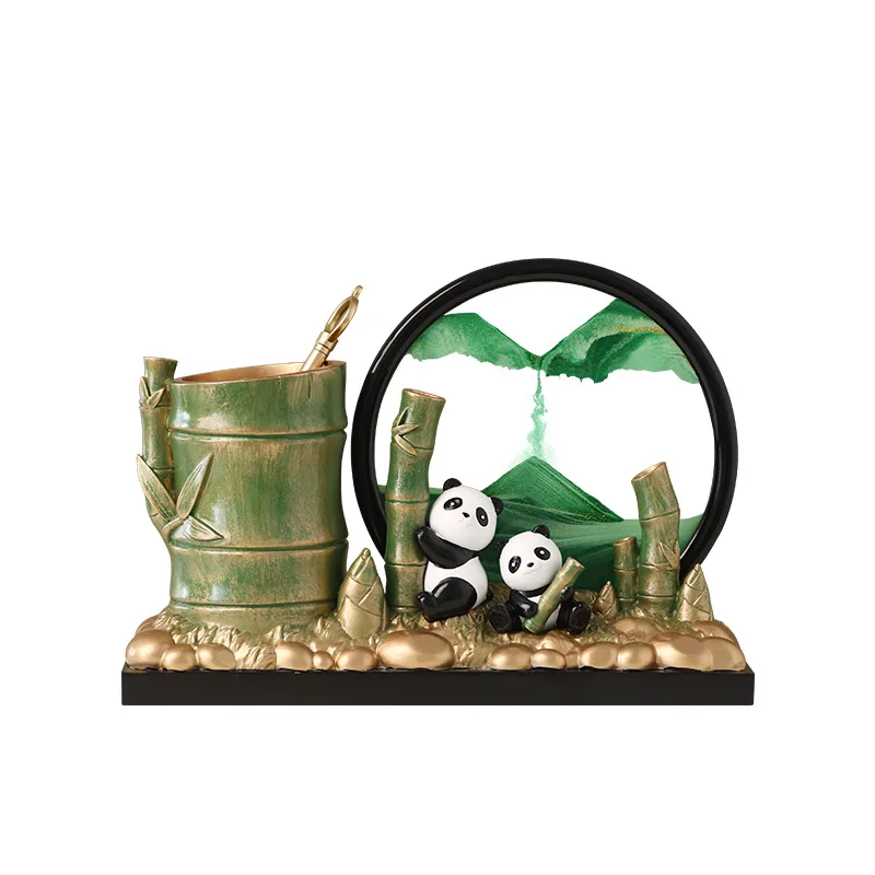 Golden Deer Figurines Panda Bamboo Pen Holder Set Modern Chinese Style Home Office Desk Decorative Ornament Collection