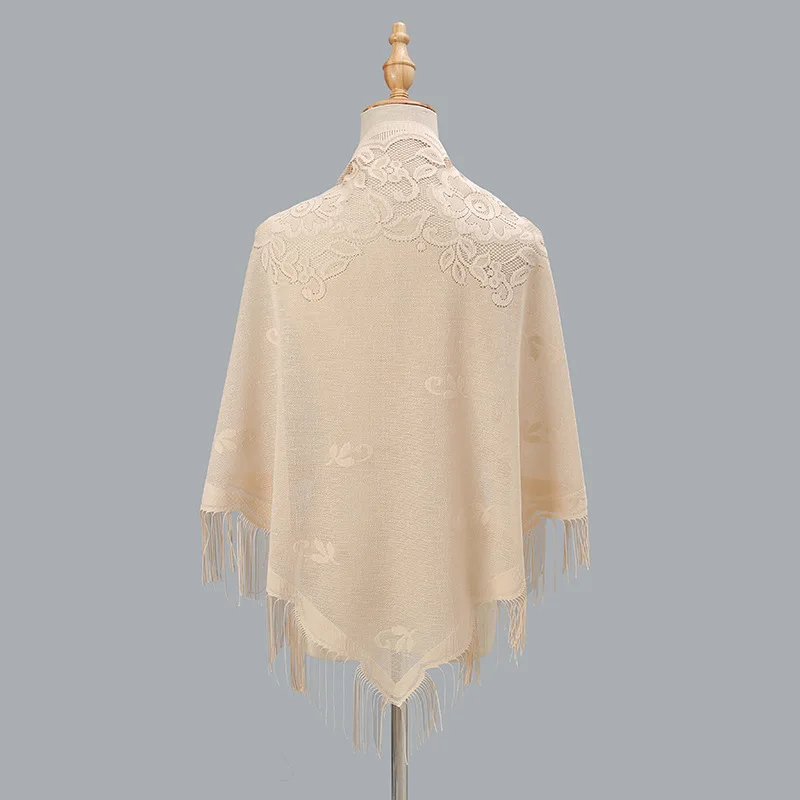 The New Autumn Winter Solid Color Hollow Out Tassels Scarves Fashion Breathable Lace Triangle Scarf and Shawls for Women