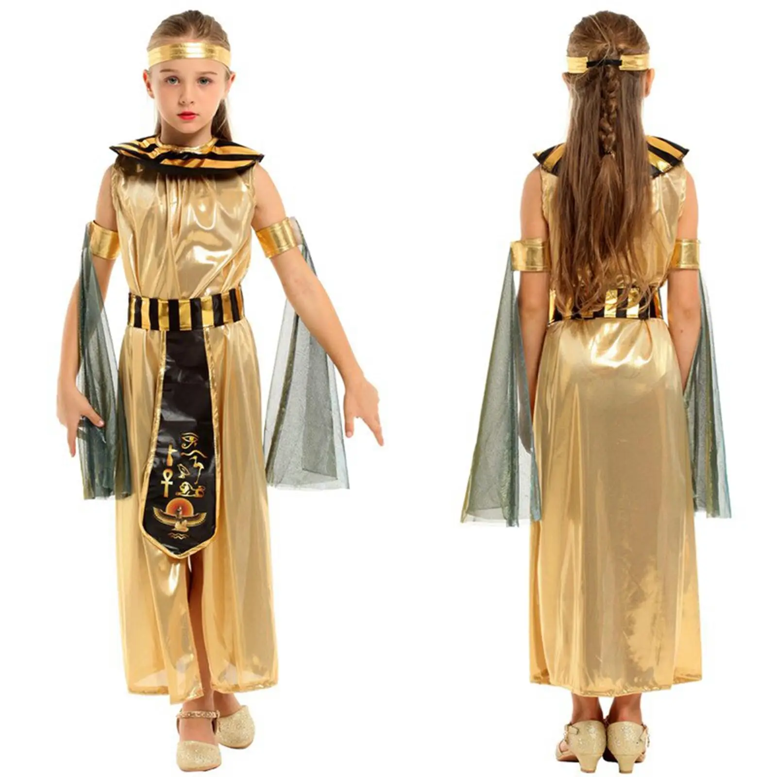 Kids Egyptian Costume Halloween Cosplay Girls Masquerade Golden 