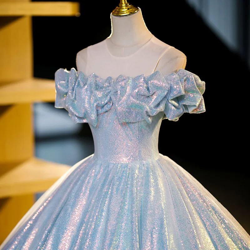 S0413r New Color-Changing Sequined Tube Top Bride Toasting Long One-Shoulder Dreamy Temperament Evening Dress