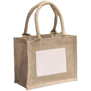 Custom logo burlap wedding totes mini jute tote with clear pvc window