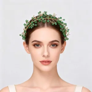 New Bridal Green Crystal Headband Hair Accessories Hand-woven Long Retro Headband Hair Accessories