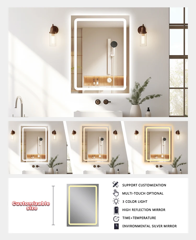 product new design hotel rectangular led mirror anti fog customizable bath smart mirror makeup led bathroom mirrors with led light661-4