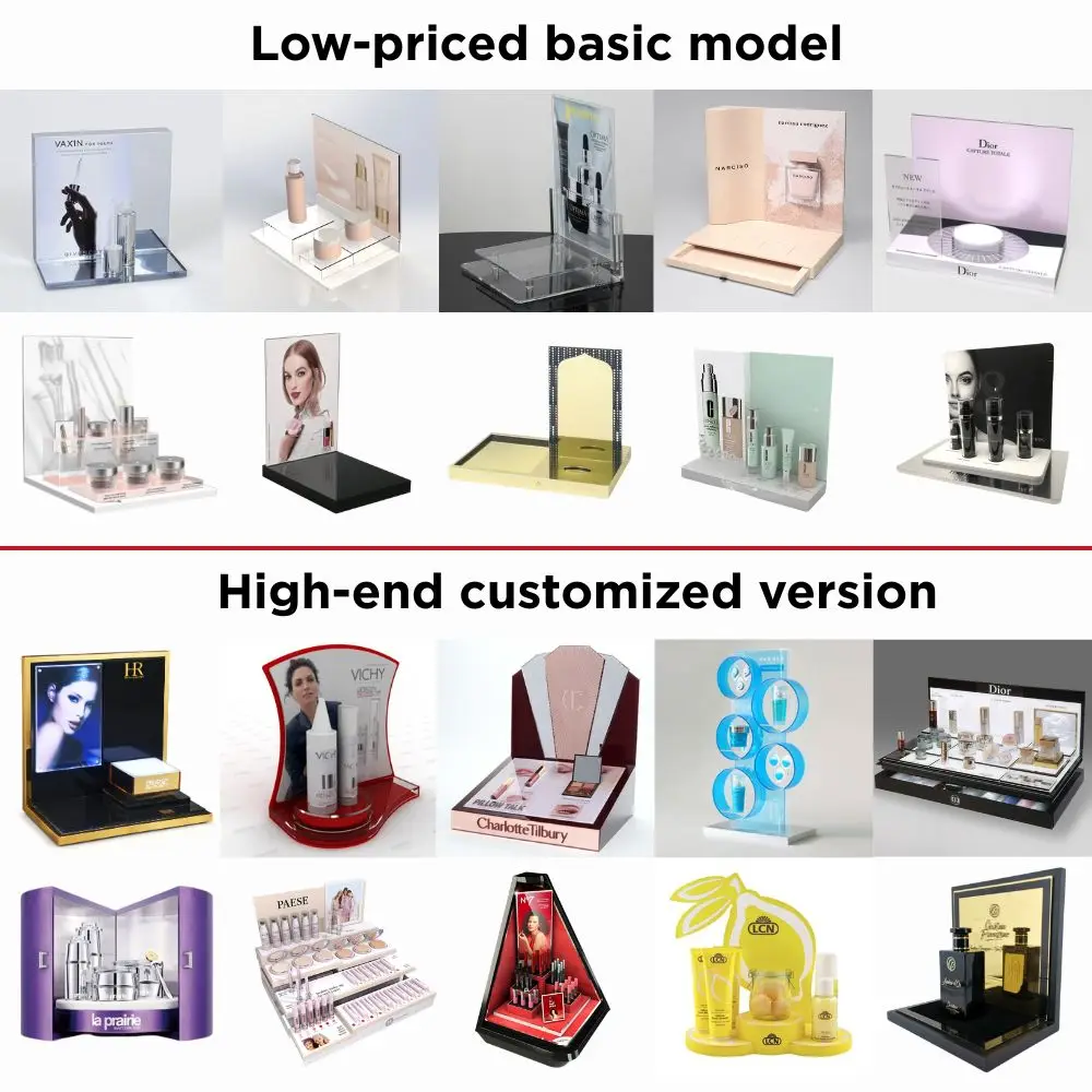Comparative engineering view of low-priced basic cosmetic display versus premium multi-material high-end customized store fixtures