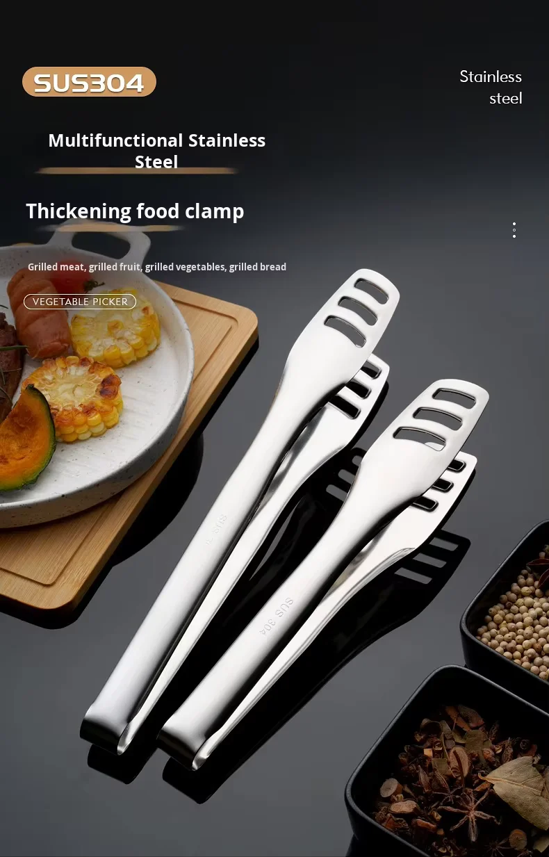 product commercial grade multi purpose food serving steaks clips thickened 304 stainless steel bbq grill tongs for restaurant buffet-1