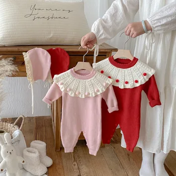 2025 New Autumn Baby Girl Baby Jumpsuit Cute Fur Ball Collar Knitted Baby Rompers Sweater Casual Style Infants Clothes