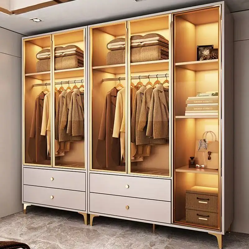 Eleganter Weißer Moderner Freistehender Kleiderschrank mit Gewölbten Glastüren, Goldenen Griffelementen, LED-Beleuchtung, Aufbewahrungsschrank für Schlafzimmer und Esszimmer| Alibaba.com