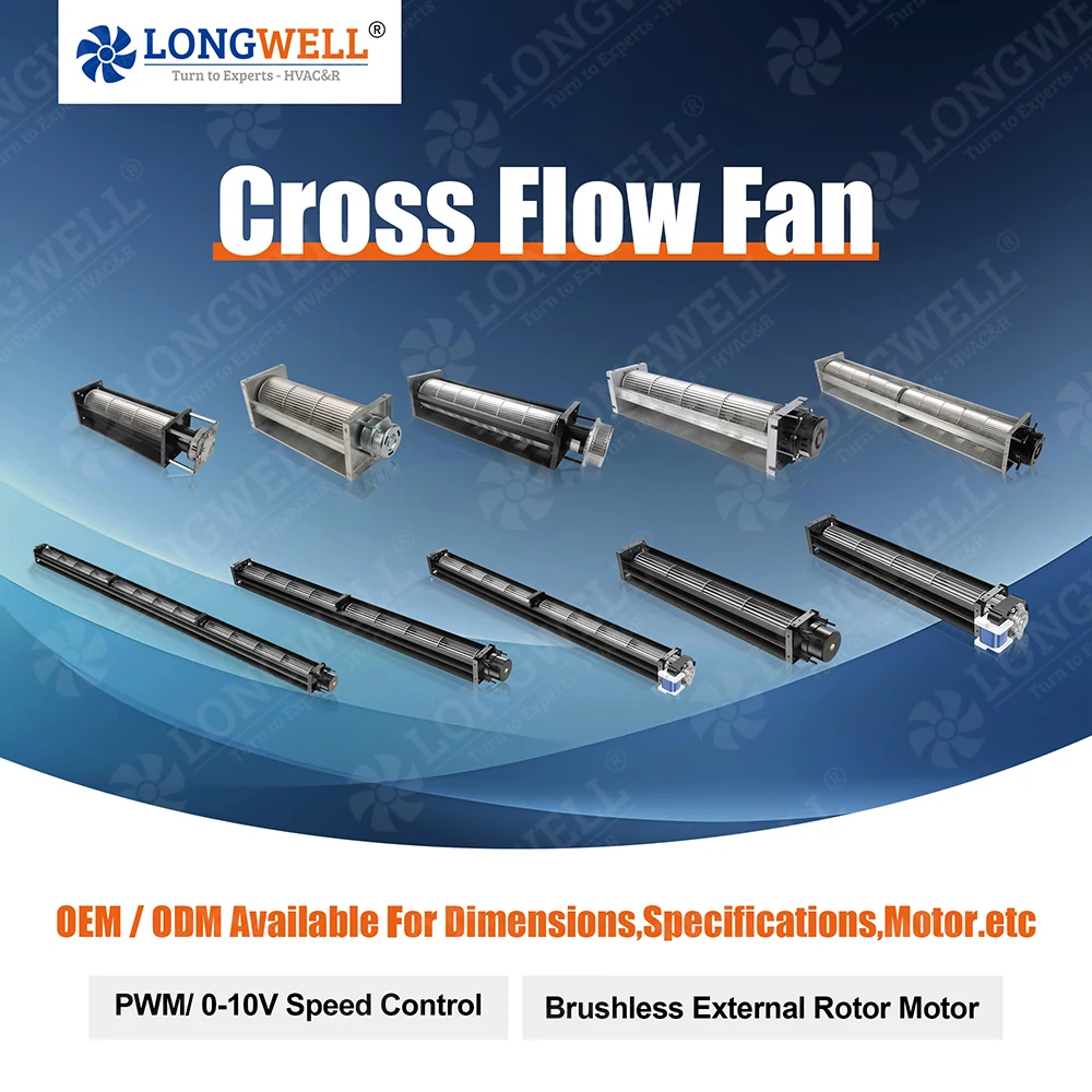 LONGWELL Low Noise Mini Cross Flow Ventilation Tangential Fan Motor 12V 24V 230V AC DC EC Steel Cross Flow Fan with OEM Support