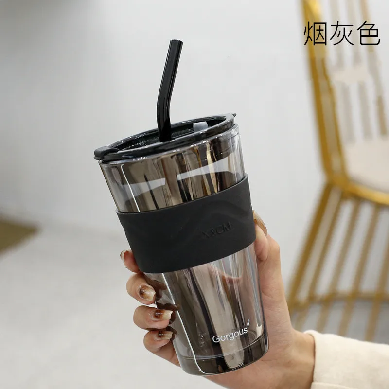 Feiyou Custom 450ml Northern Lights Glass Water Cup with Lid and Straw  Reusable Travel Coffee Glass Mug Cup
