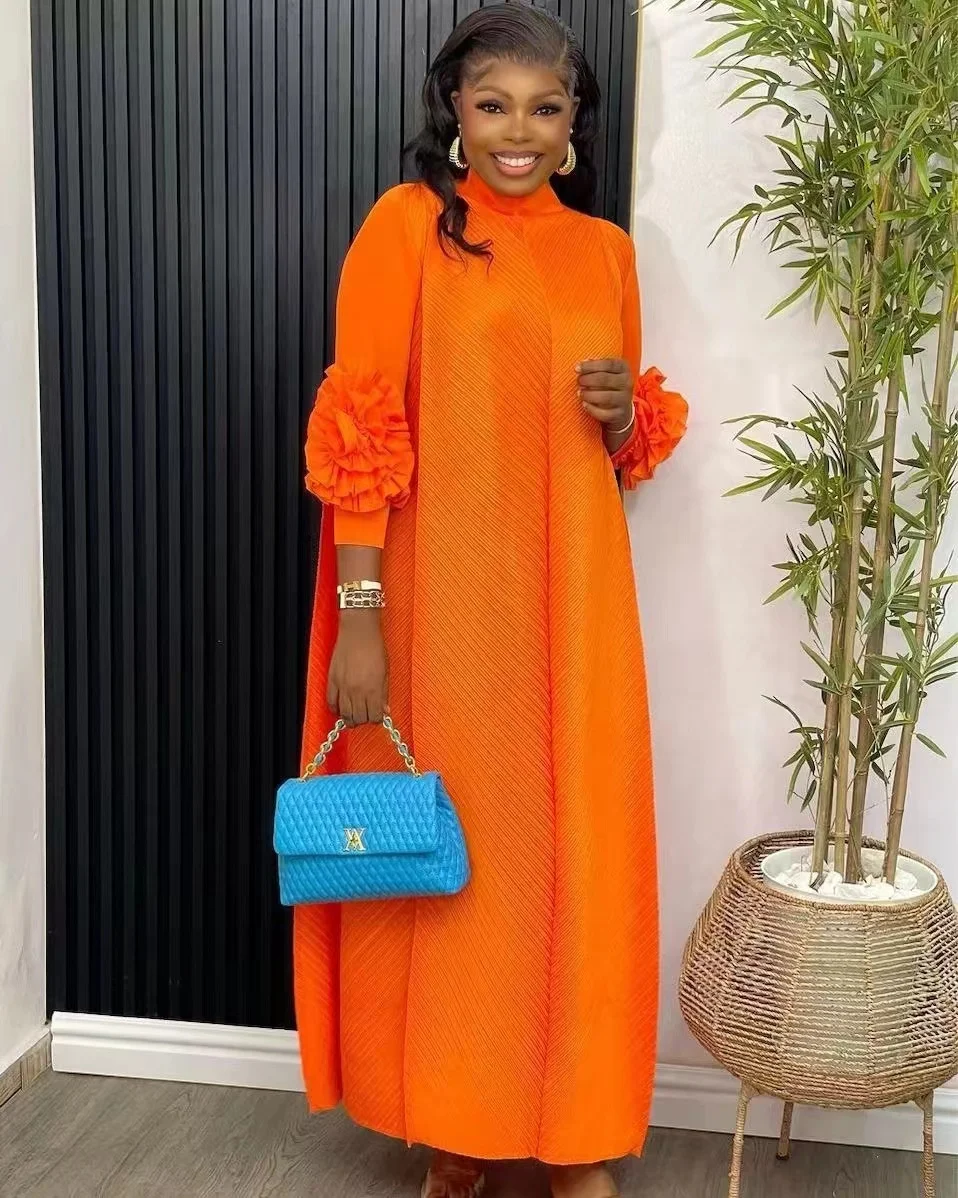 orange color dress design New Solid Color Floral Sleeve Muslim Elegant Temperament African Issey  Miyake Loose Pleated Plus Size Long Women's Dresses