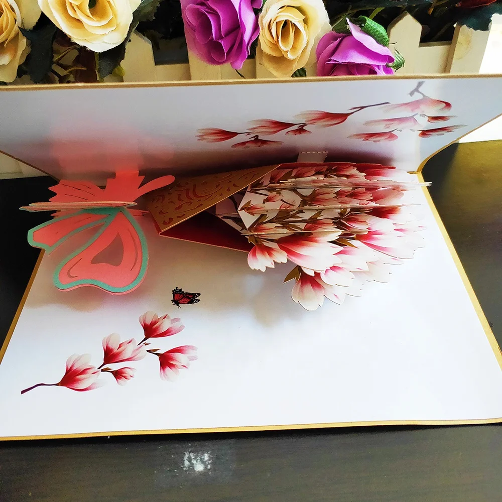 beauty Magnolia 3d flower pop up teacher's day greeting cards paper laser cutting 3d mother's day cards