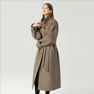 Fashionable Stand up Collar Lace up British Style Woolen Coat Winter New Long Loose Woolen Coat for Women