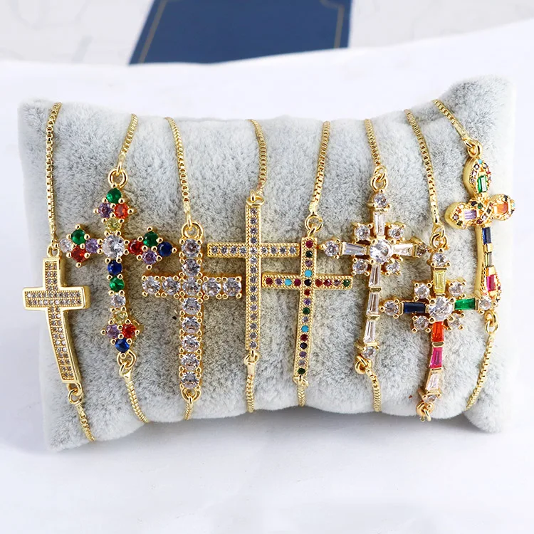 BC1269 Fashion  Adjustable Gold Plated Brass CZ Micro Pave Tiny rainbow Cross Wrist Chain Women  Bracelet