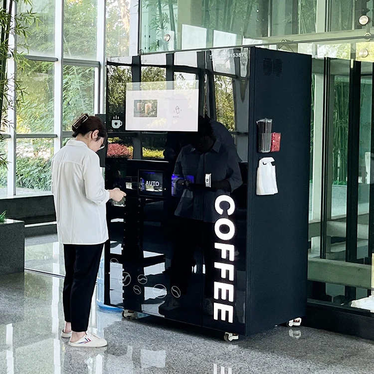 Iced Commercial Multi Function Freshly Ground Coffee Vending Machine Bean to Cup Tempered Glass Panel Vending Machine for Public