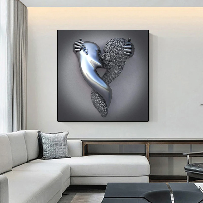 Abstract Metal and Sliver Figure Statue Canvas Paintings Modern Romantic Sculpture Poster Prints Wall Picture for Living Decor