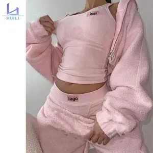 Huili Manufacturer Winter Thick Polar Fleece 3 Piece Outfits Matching Set Y2K Blank Hoodie Custom Logo Pink Womens Jogger Set