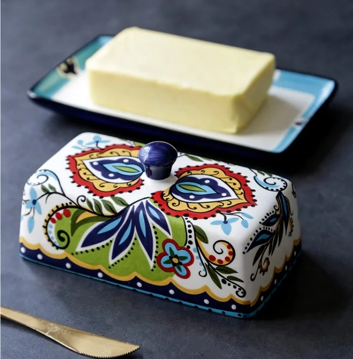 High Quality Unbreakable Ceramic Keeper Cheese Box Sealing Storage Tray Plate Container Butter Dish Curler with Lid