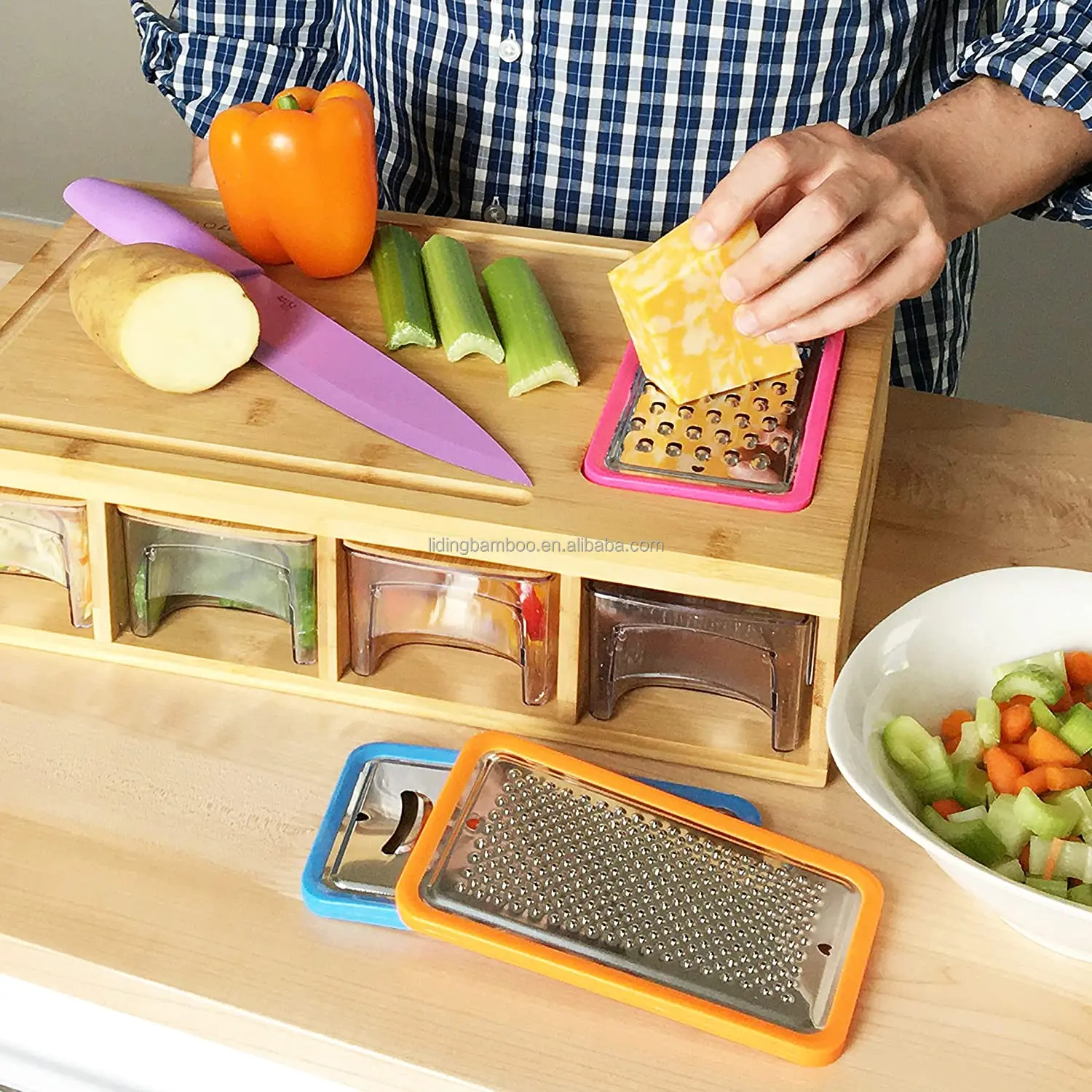 bamboo cutting board with containers prepdeck