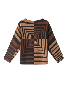 Miyake Spring Polyester Color Contrast Striped Mandarin Collar Long-sleeved T-shirt Women's New Large Size Loose Commuting