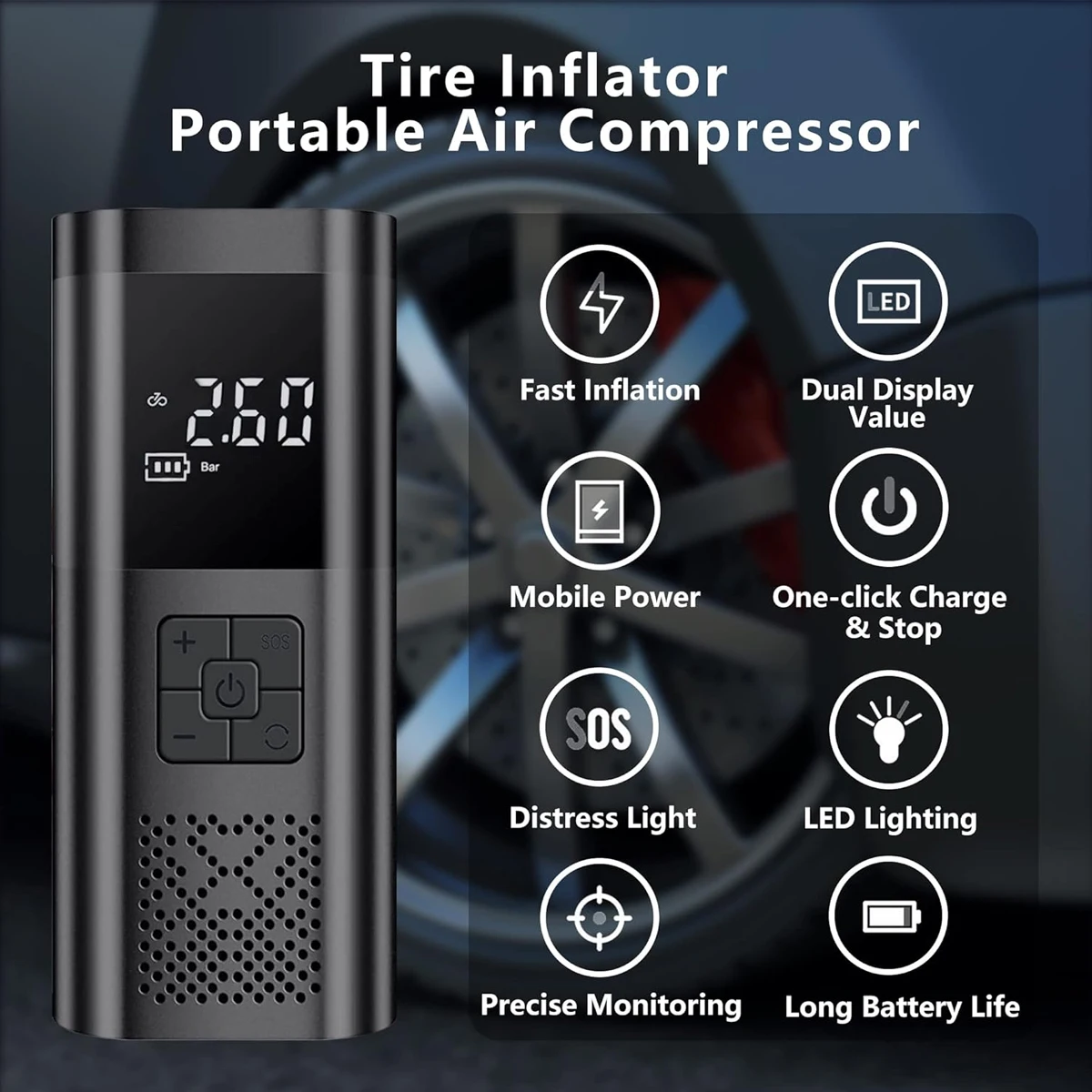 150Psi Wireless Mini Electric Air Pump Portable Tires Inflators Digital Car Air Compressor 6000mAh LED Display ABS 12V 120W - view 5