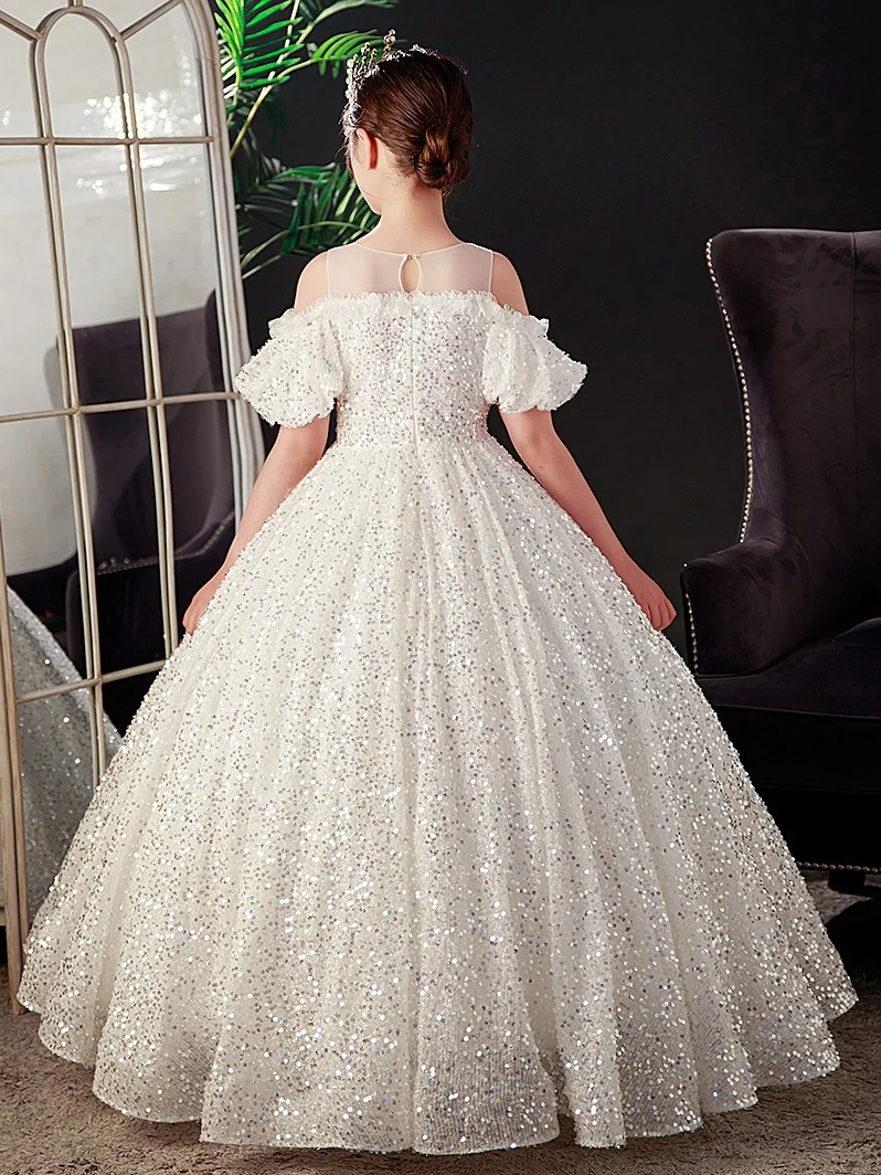 S2000R New Style Fluffy Beautiful fairy One Shoulder White Sequin Gorgeous fairy  Flower Girl Dress| Alibaba.com