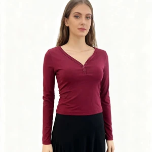 Women's  TSHIRT V-Neck Long Sleeve Slim Fit Top Button Detail Burgundy Casual Basic Knit T Shirt for Women Ladies