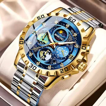 2024 New BINBOND Watches For Men Starry Sky Dial Quartz Watches Fashion Moon Phase Calendar Steel Waterproof Mens Watch 3225