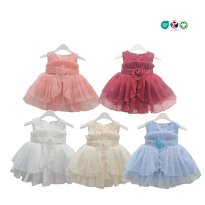 Wholesale Kids A-Line Tulle Flower Dress with Bow Satin Princess Girl Outfits for Parties and Birthdays Solid Pattern