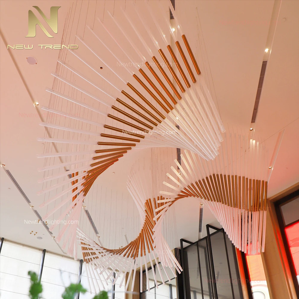 CPL-528 Bespoke Spiral Wing Chandelier – Oversized LED Rod Sculpture for Hotel Lobby & Reception